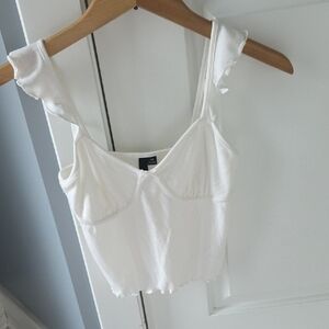 Women's White Ribbed Ruffle Strap Crop Tank Top